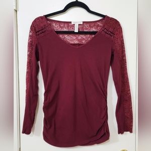 Ambiance Maternity sizeS Maroon Lace Back, Long Lace Panel Sleeves & Ruching